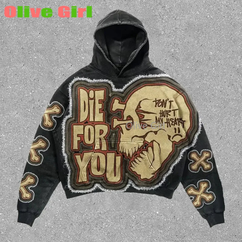 Outerwear Harajuku Fashion Retro Skull Print Hoodie Streetwear Hooded for Men's and Women's