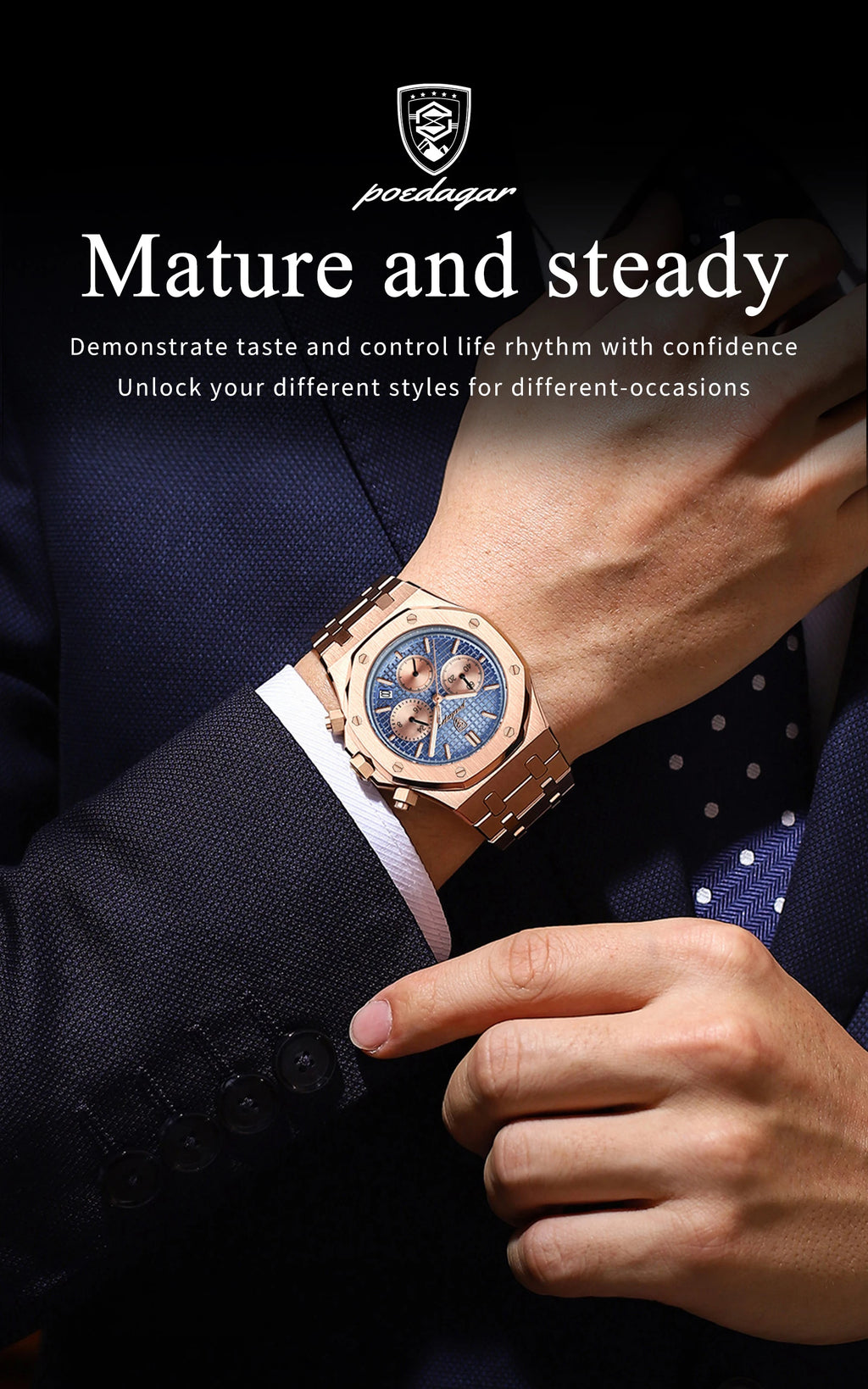 POEDAGAR Luxury Men's Watches Stainless Steel Date Chronograph Watch Waterproof Luminous Military Quartz Watche