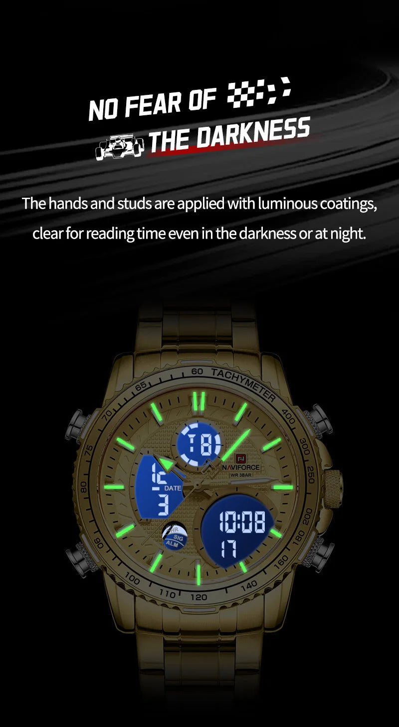 NAVIFORCE  Watch Men Stainless Steel Sport Male Clock Digital Quartz Army Waterproof Wristwatch
