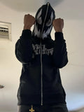 Y2K American Devil Graphic Zip Hooded Sweatshirt Retro Silver Text Print Black Loose Cardigan