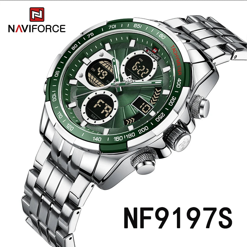 NAVIFORCE 9197  Classic Men's Watch Quartz Digital Military Sport Silver Stainless Steel Wristwatch