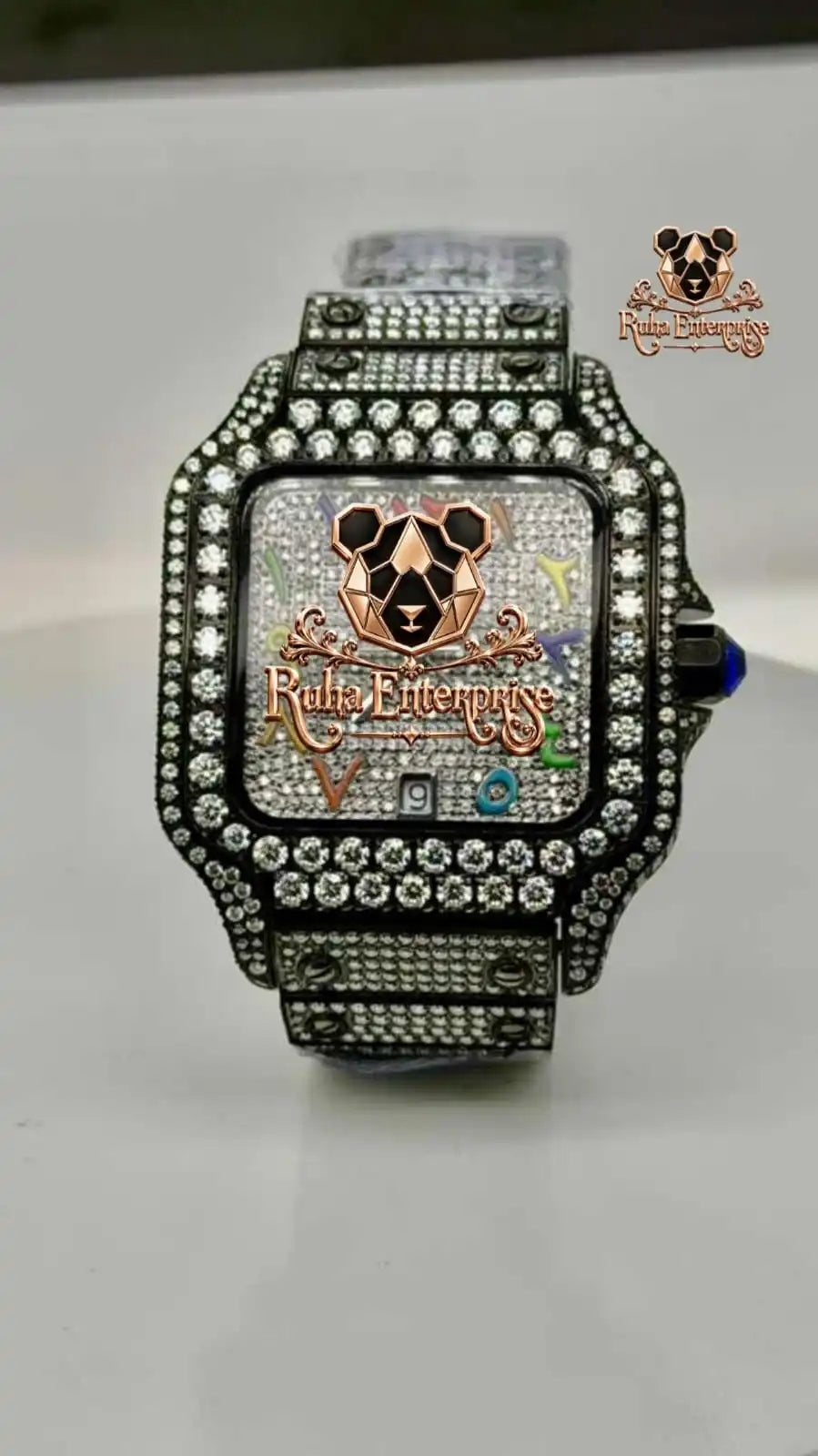 Luxury Square Stainless Steel Watch with Rhinestone Dial Analog Quartz Men's Bust Down Moissanite Watch