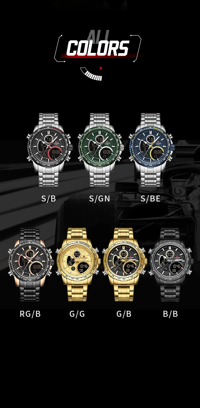 NAVIFORCE  Watch Men Stainless Steel Sport Male Clock Digital Quartz Army Waterproof Wristwatch