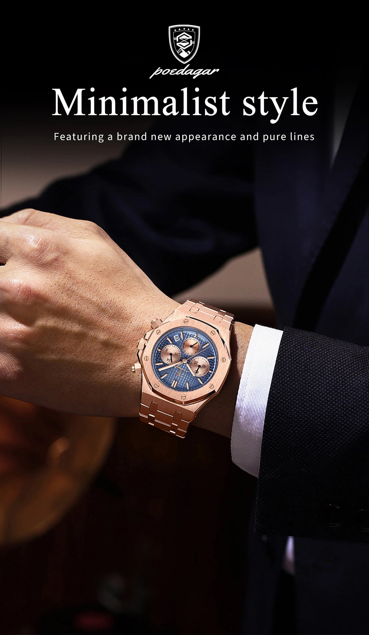 POEDAGAR Luxury Men's Watches Stainless Steel Date Chronograph Watch Waterproof Luminous Military Quartz Watche