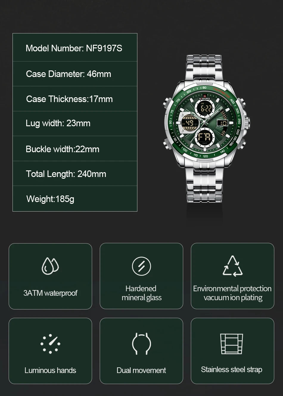 NAVIFORCE Mens Watches Stainless Steel Waterproof