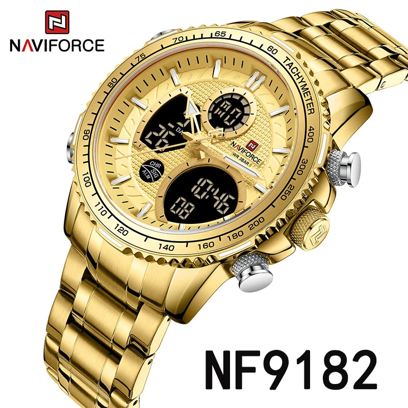 NAVIFORCE  Watch Men Stainless Steel Sport Male Clock Digital Quartz Army Waterproof Wristwatch