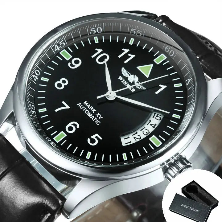 WINNER Business Automatic Watch for Men  Black Dial Fashion Leather Strap Luxury Brand Mechanical Watches