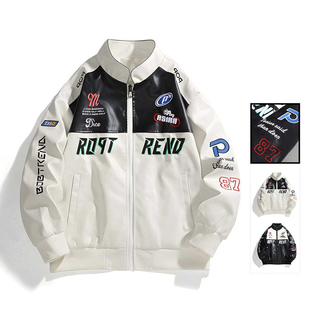 Men's retro racing style PU leather jacket Color blocking patchwork badge pattern stand up collar loose fit Motorcycle Street
