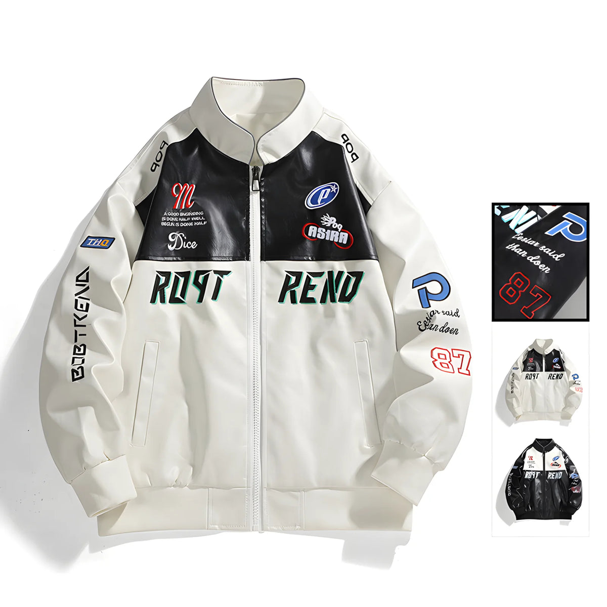 Men's retro racing style PU leather jacket Color blocking patchwork badge pattern stand up collar loose fit Motorcycle Street