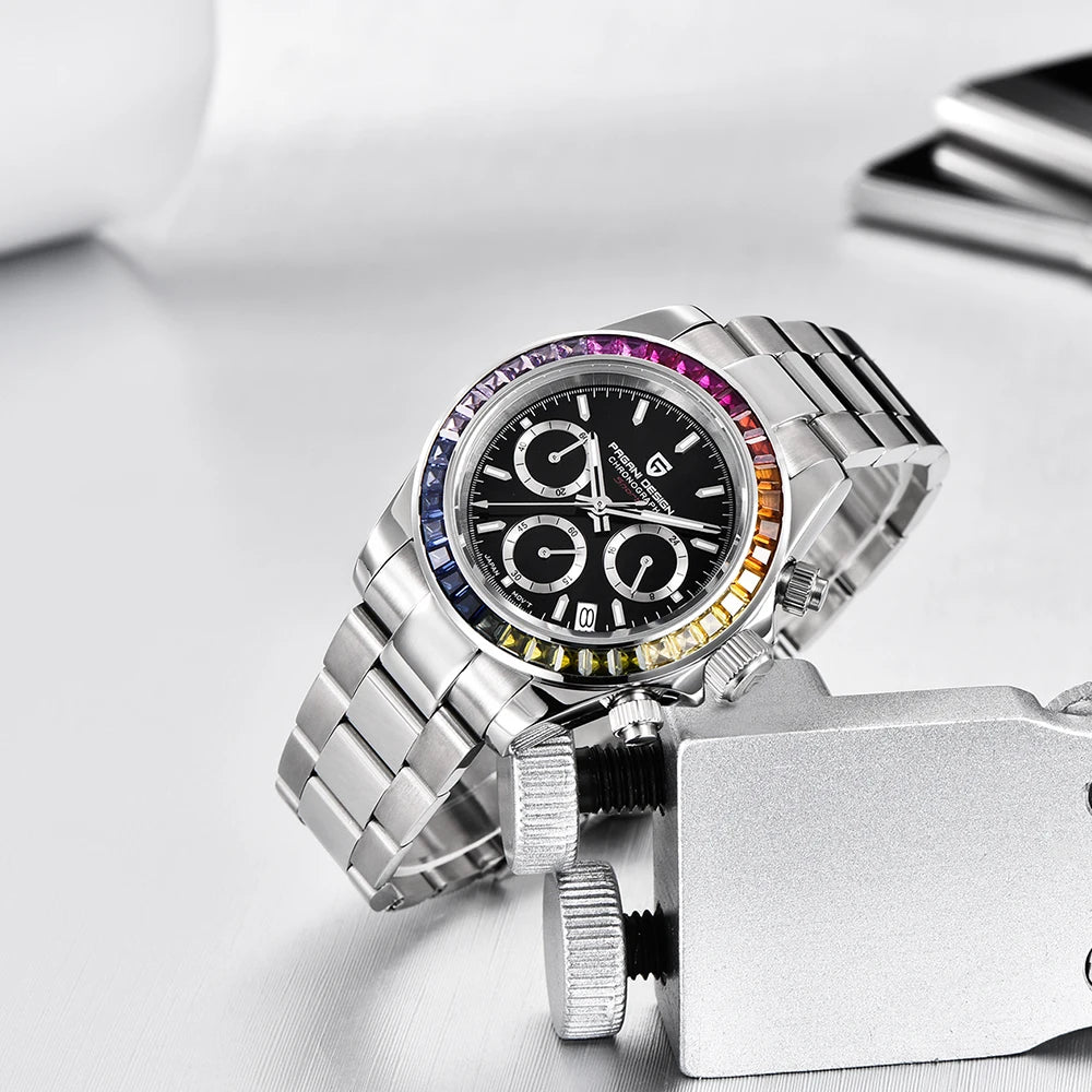 PAGANI DESIGN New 40MM Men Quartz Watch Rainbow Bezel VK63 Sapphire ChronographStainless Steel 100M Waterproof Men Watch