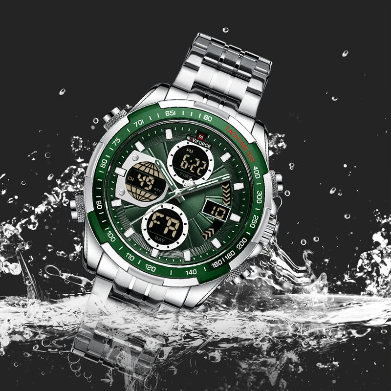 NAVIFORCE 9197  Classic Men's Watch Quartz Digital Military Sport Silver Stainless Steel Wristwatch