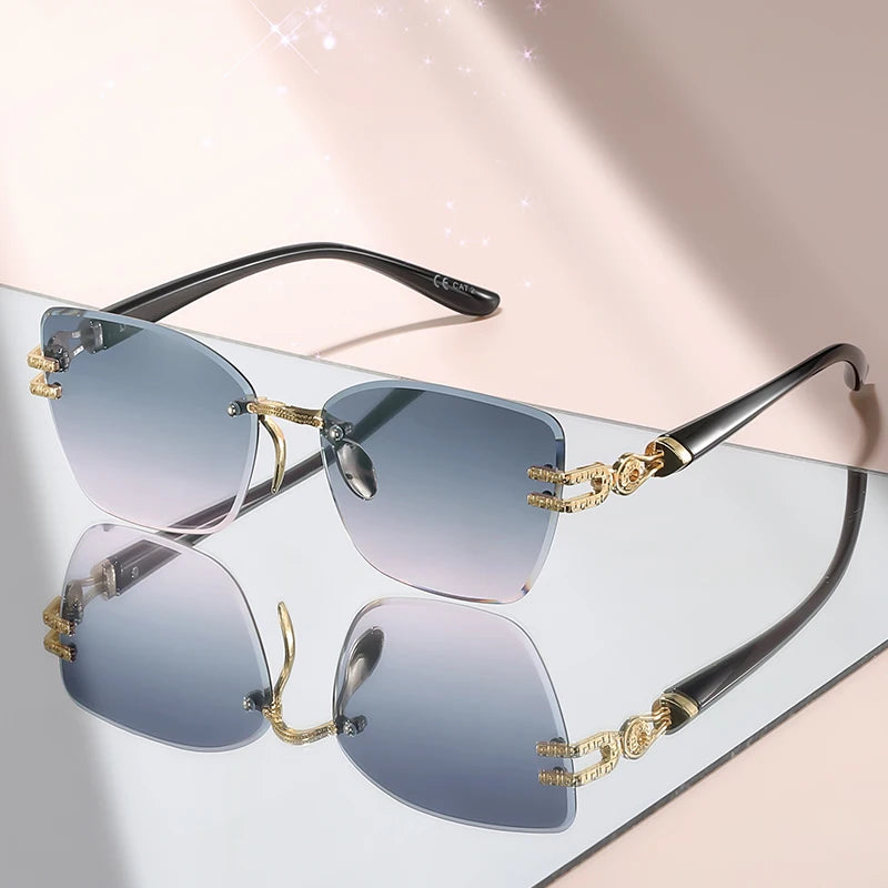 Unisex Rimless Square Sunglasses – Black Lenses
