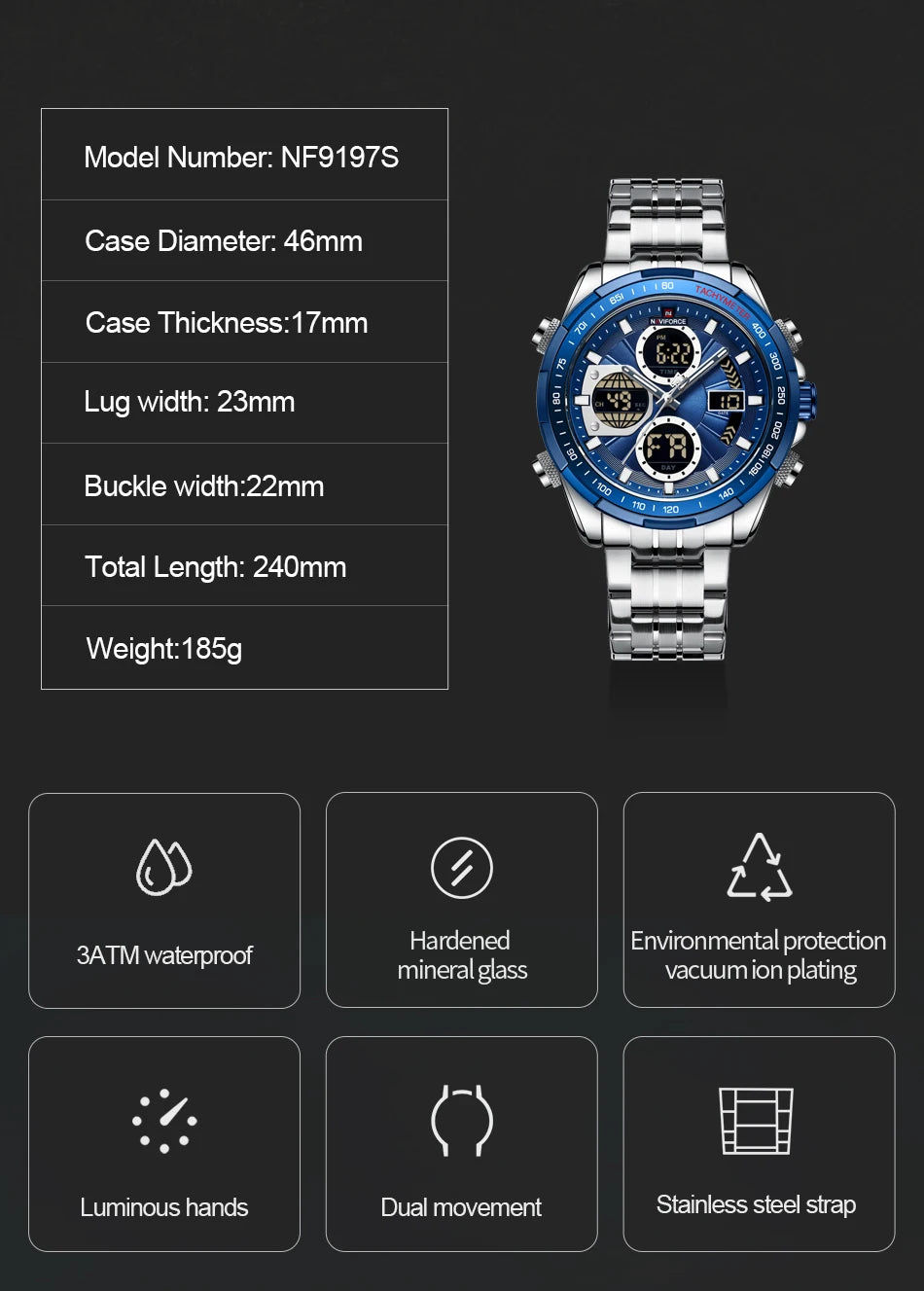 NAVIFORCE 9197  Classic Men's Watch Quartz Digital Military Sport Silver Stainless Steel Wristwatch