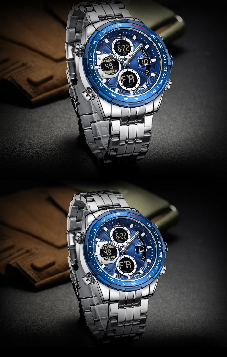 NAVIFORCE 9197  Classic Men's Watch Quartz Digital Military Sport Silver Stainless Steel Wristwatch