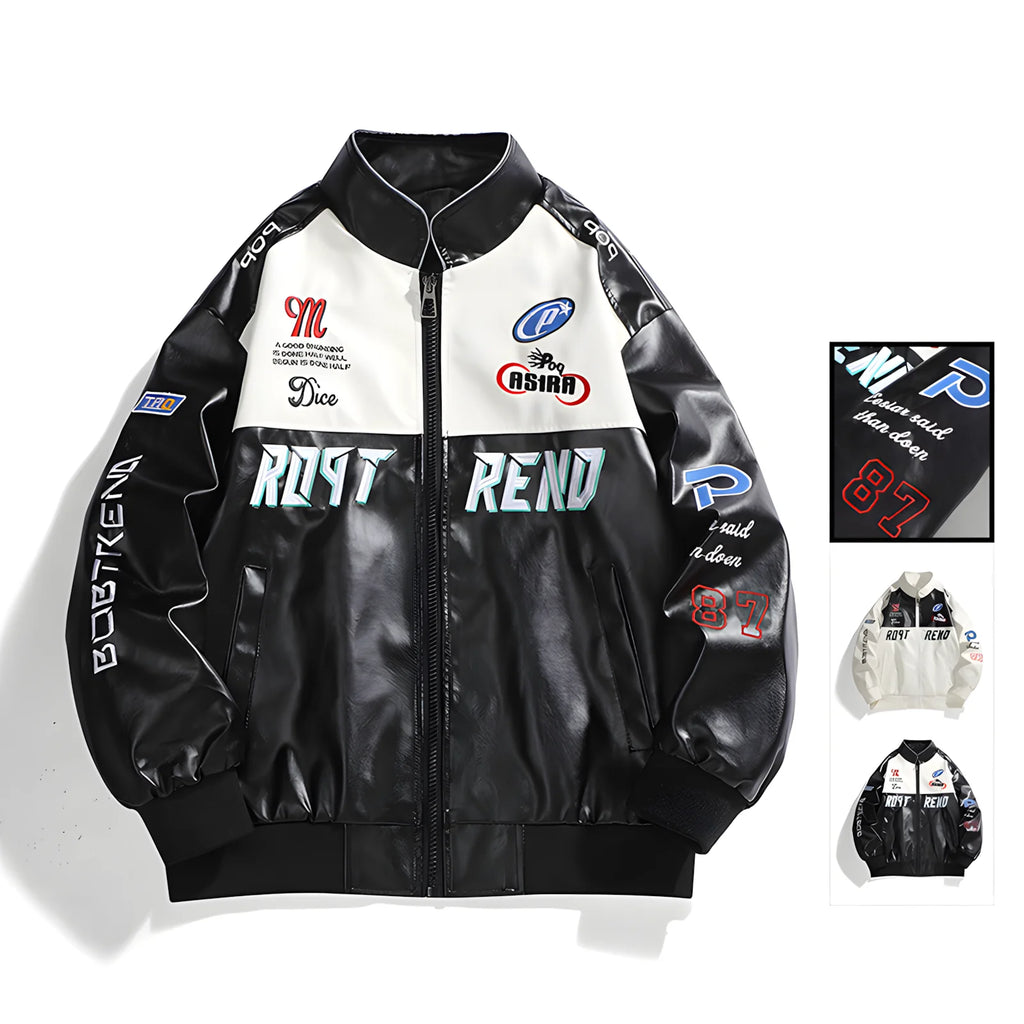Men's retro racing style PU leather jacket Color blocking patchwork badge pattern stand up collar loose fit Motorcycle Street
