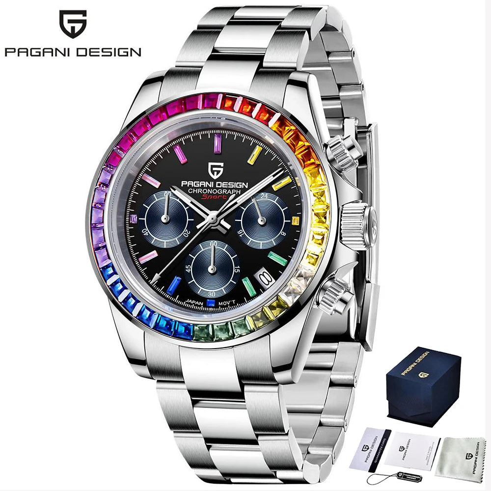 PAGANI DESIGN New 40MM Men Quartz Watch Rainbow Bezel VK63 Sapphire ChronographStainless Steel 100M Waterproof Men Watch