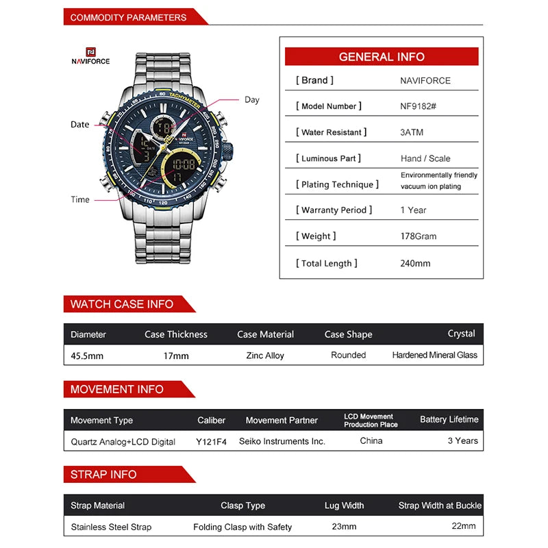 NAVIFORCE  Watch Men Stainless Steel Sport Male Clock Digital Quartz Army Waterproof Wristwatch