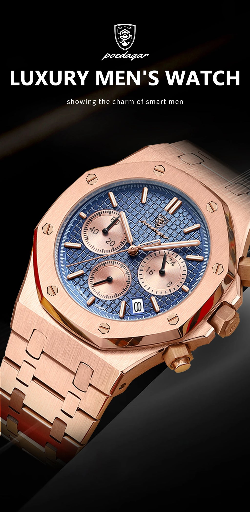 POEDAGAR Luxury Men's Watches Stainless Steel Date Chronograph Watch Waterproof Luminous Military Quartz Watche