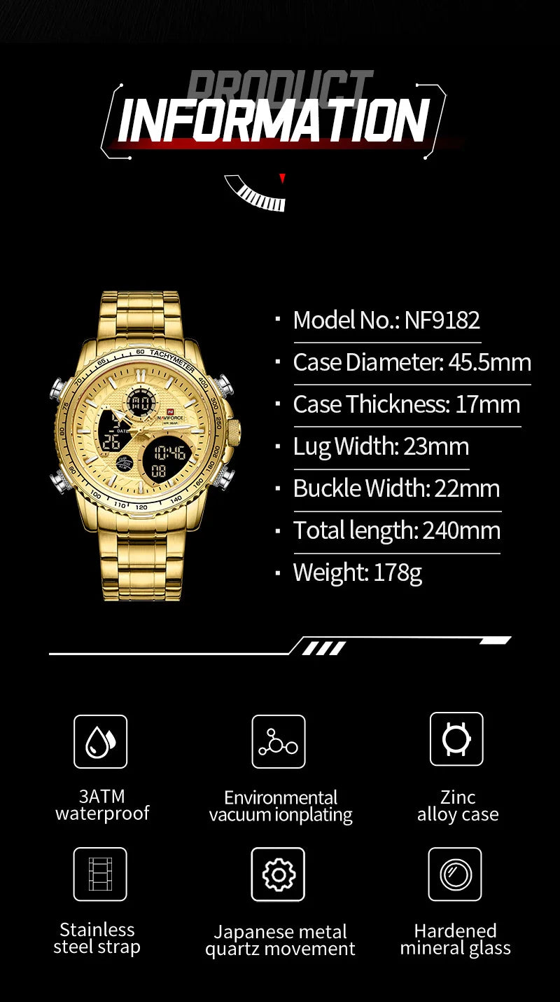 NAVIFORCE  Watch Men Stainless Steel Sport Male Clock Digital Quartz Army Waterproof Wristwatch