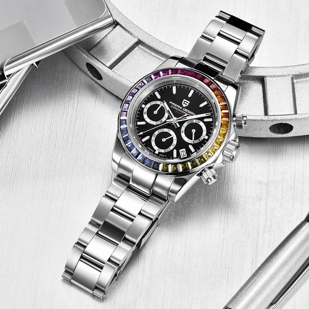 PAGANI DESIGN New 40MM Men Quartz Watch Rainbow Bezel VK63 Sapphire ChronographStainless Steel 100M Waterproof Men Watch