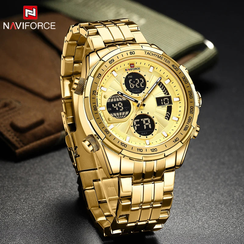 NAVIFORCE 9197  Classic Men's Watch Quartz Digital Military Sport Silver Stainless Steel Wristwatch