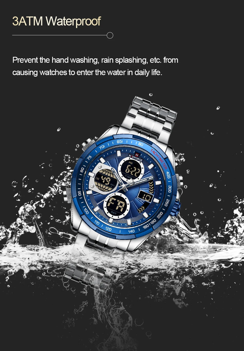 NAVIFORCE 9197  Classic Men's Watch Quartz Digital Military Sport Silver Stainless Steel Wristwatch