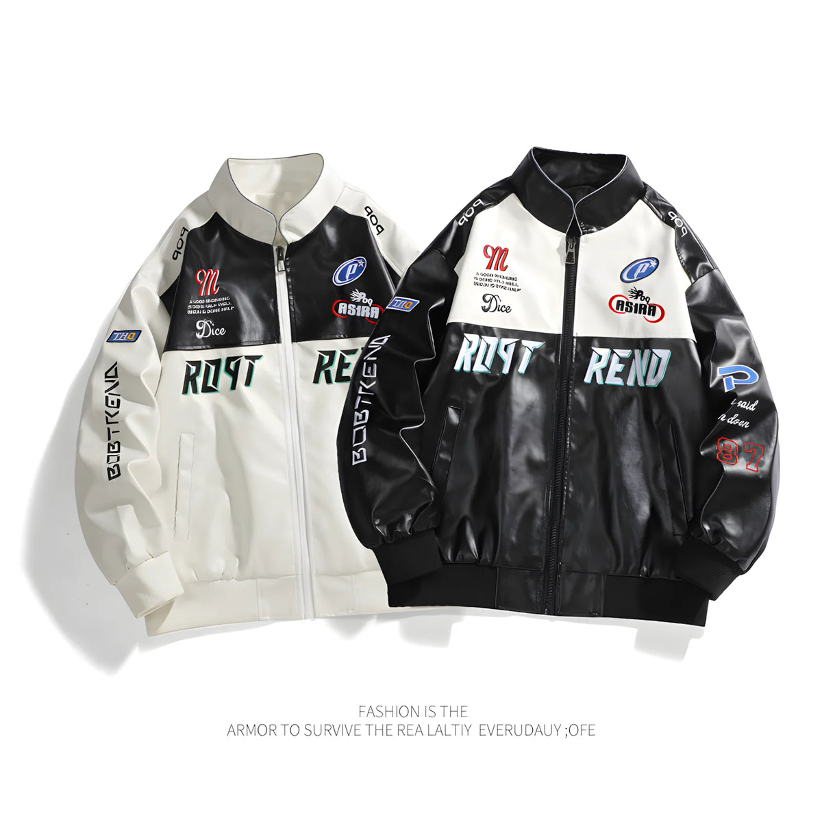Men's retro racing style PU leather jacket Color blocking patchwork badge pattern stand up collar loose fit Motorcycle Street