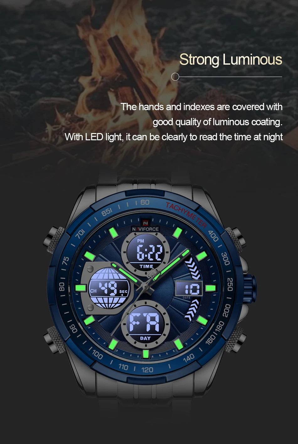 NAVIFORCE 9197  Classic Men's Watch Quartz Digital Military Sport Silver Stainless Steel Wristwatch
