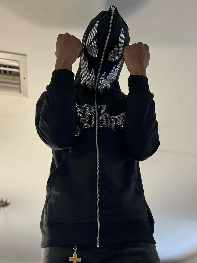 Y2K American Devil Graphic Zip Hooded Sweatshirt Retro Silver Text Print Black Loose Cardigan