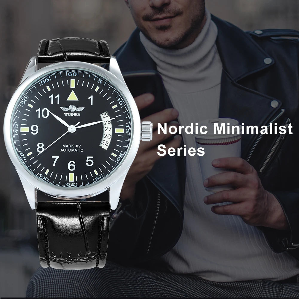 WINNER Business Automatic Watch for Men  Black Dial Fashion Leather Strap Luxury Brand Mechanical Watches