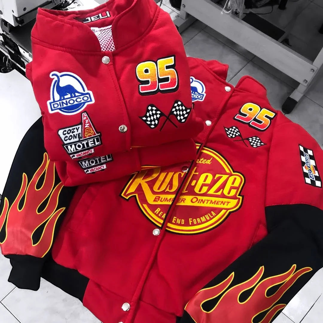 Men Red Flame Lightning McQueen 95 Racing Bomber Jacket Vintage Rusteze Print Motorcycle Baseball Coat Hip Hop Streetwear