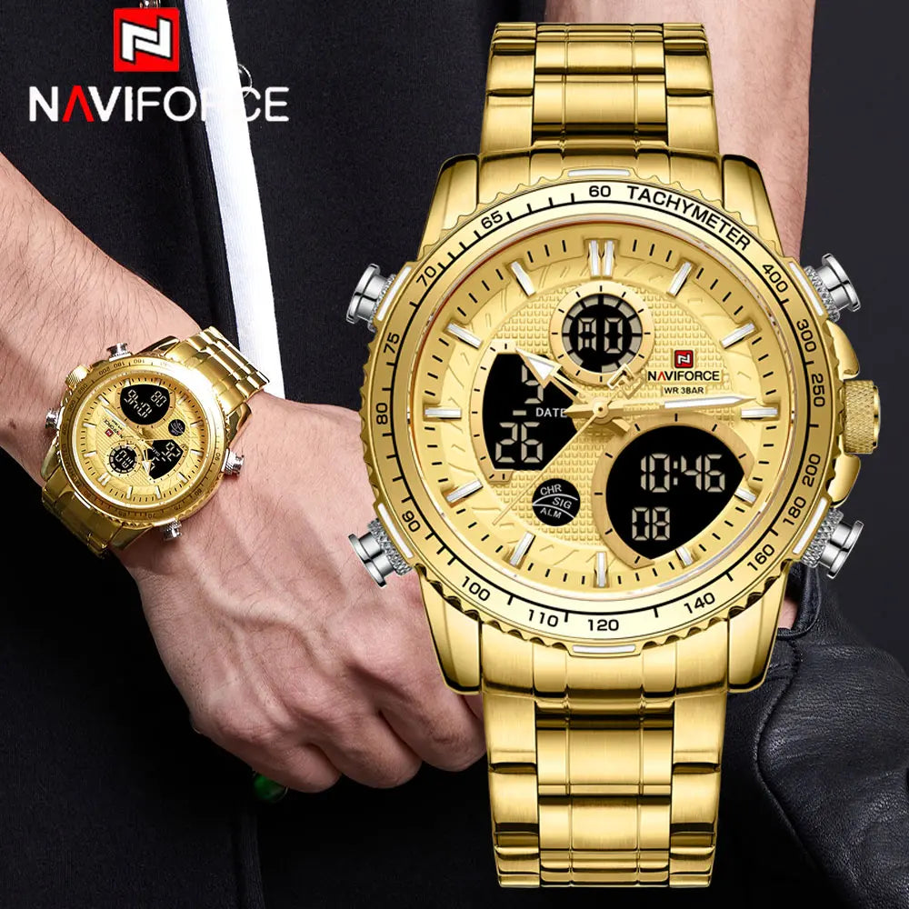 NAVIFORCE  Watch Men Stainless Steel Sport Male Clock Digital Quartz Army Waterproof Wristwatch