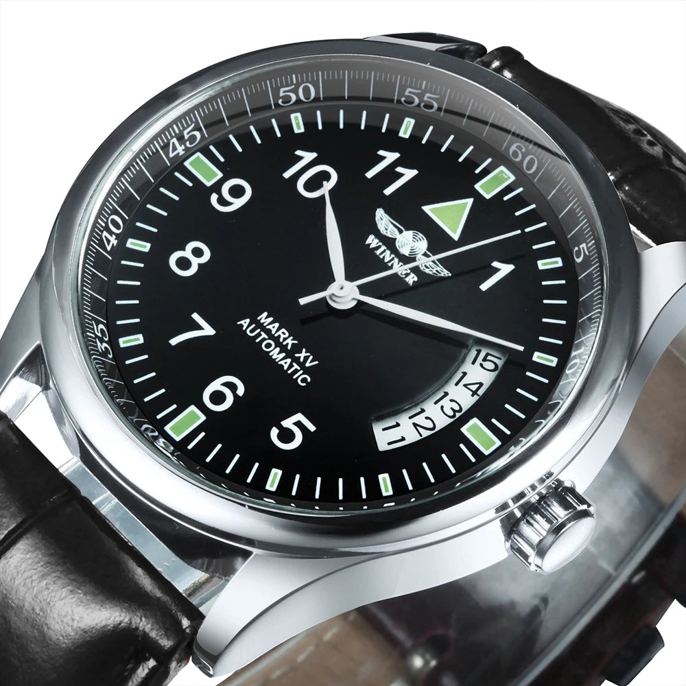 WINNER Business Automatic Watch for Men  Black Dial Fashion Leather Strap Luxury Brand Mechanical Watches