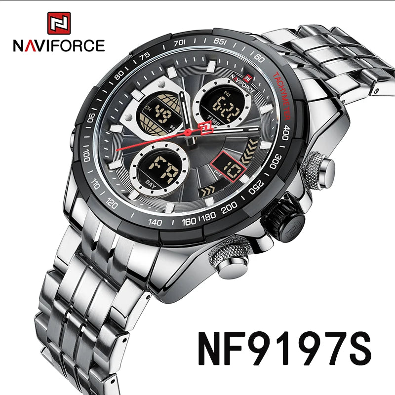 NAVIFORCE 9197  Classic Men's Watch Quartz Digital Military Sport Silver Stainless Steel Wristwatch