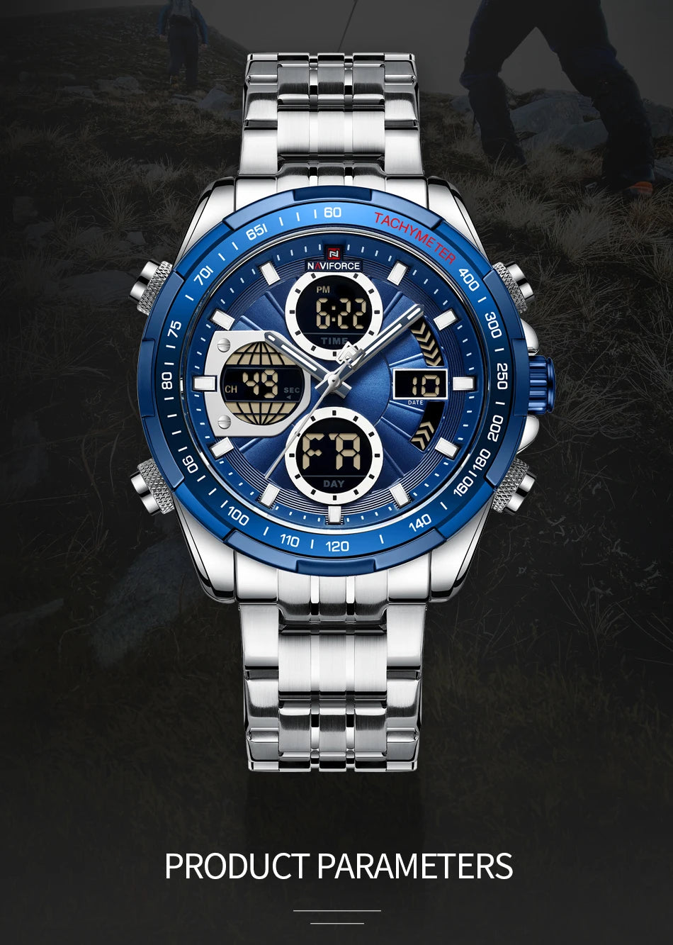 NAVIFORCE 9197  Classic Men's Watch Quartz Digital Military Sport Silver Stainless Steel Wristwatch