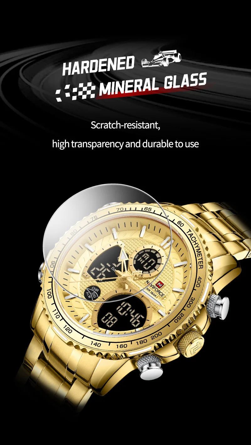 NAVIFORCE  Watch Men Stainless Steel Sport Male Clock Digital Quartz Army Waterproof Wristwatch