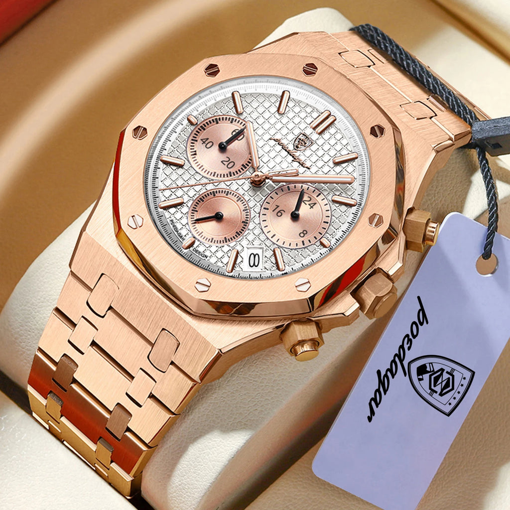 POEDAGAR Luxury Men's Watches Stainless Steel Date Chronograph Watch Waterproof Luminous Military Quartz Watche