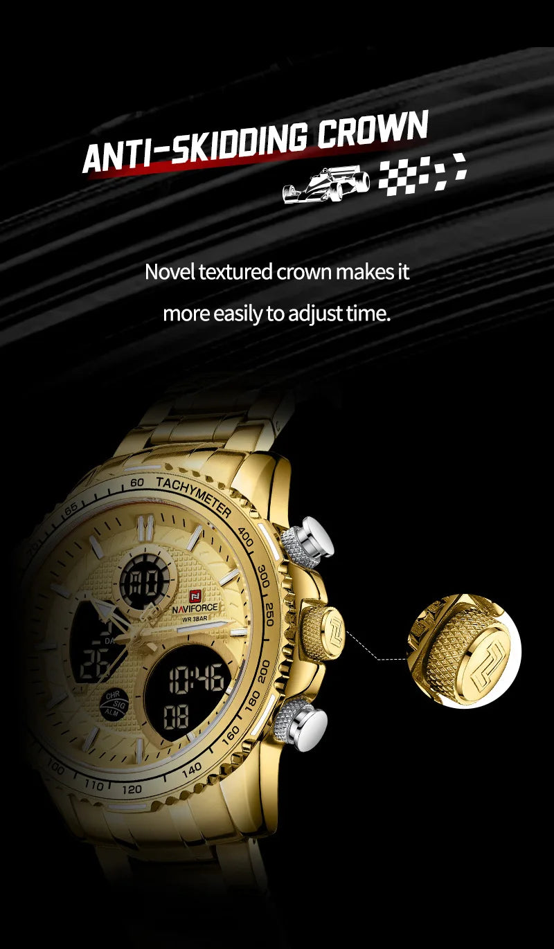 NAVIFORCE  Watch Men Stainless Steel Sport Male Clock Digital Quartz Army Waterproof Wristwatch