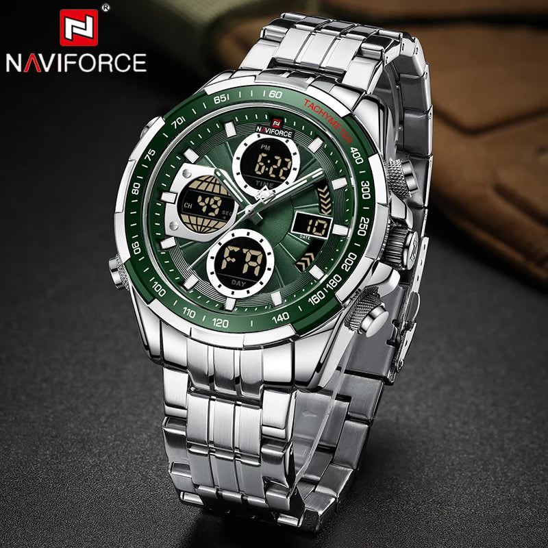 NAVIFORCE 9197  Classic Men's Watch Quartz Digital Military Sport Silver Stainless Steel Wristwatch