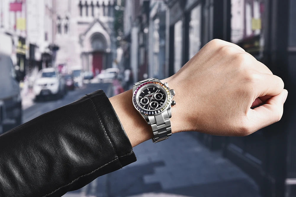 PAGANI DESIGN New 40MM Men Quartz Watch Rainbow Bezel VK63 Sapphire ChronographStainless Steel 100M Waterproof Men Watch
