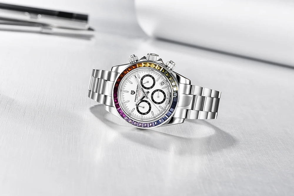 PAGANI DESIGN New 40MM Men Quartz Watch Rainbow Bezel VK63 Sapphire ChronographStainless Steel 100M Waterproof Men Watch