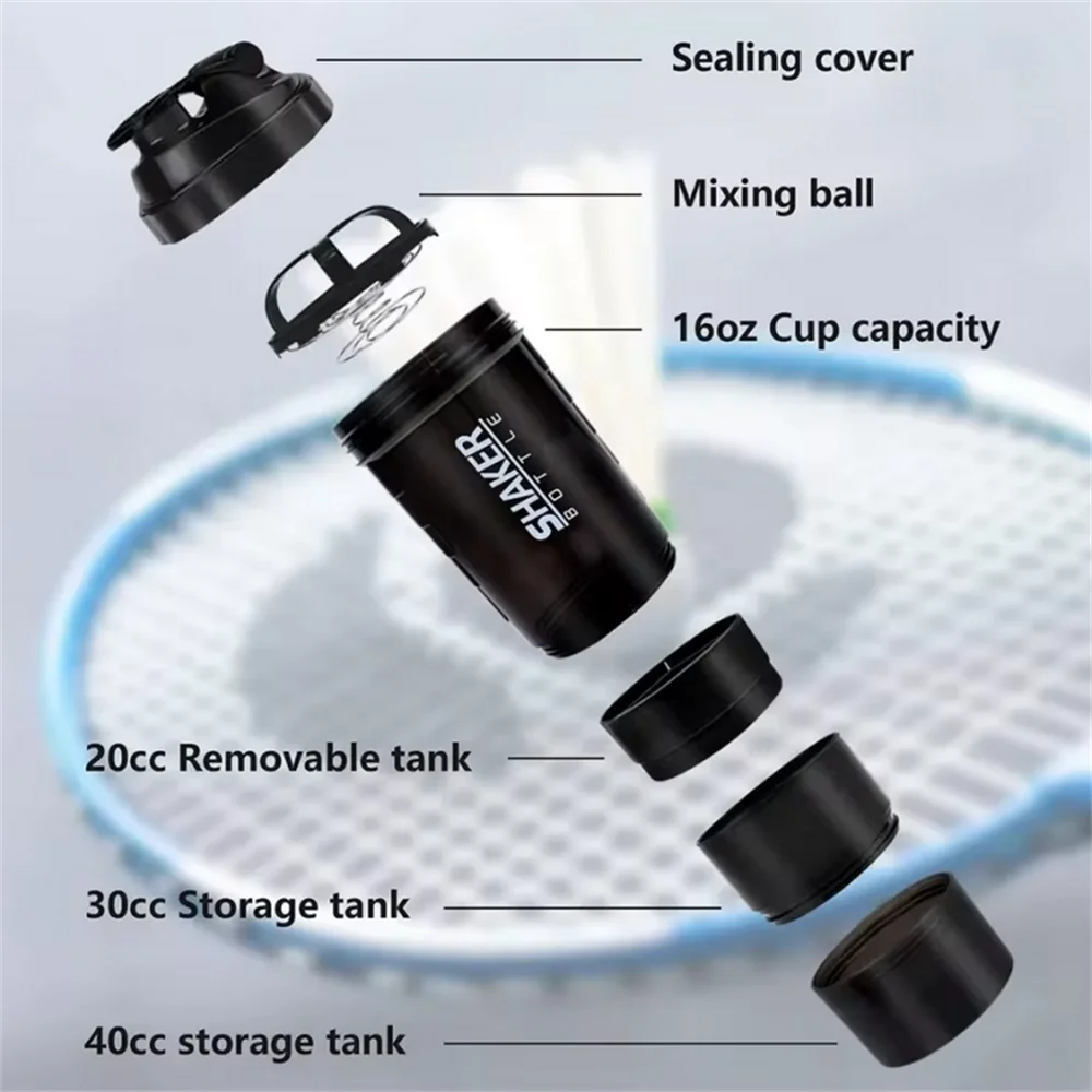 1pack Protein Shaker Bottle Portable 16oz Powder Shake Cup 3 Layers Shaker Protein Bottle Suitable For Sports Gym Fitness