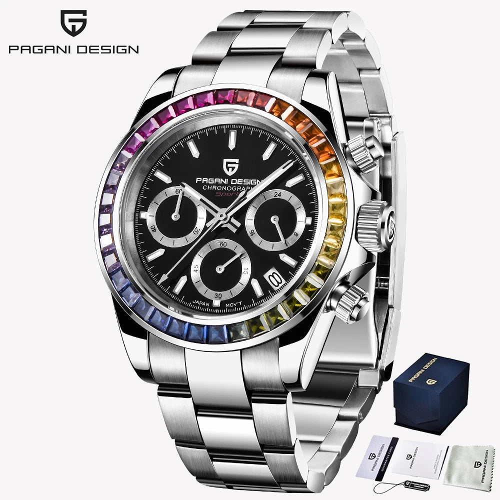 PAGANI DESIGN New 40MM Men Quartz Watch Rainbow Bezel VK63 Sapphire ChronographStainless Steel 100M Waterproof Men Watch