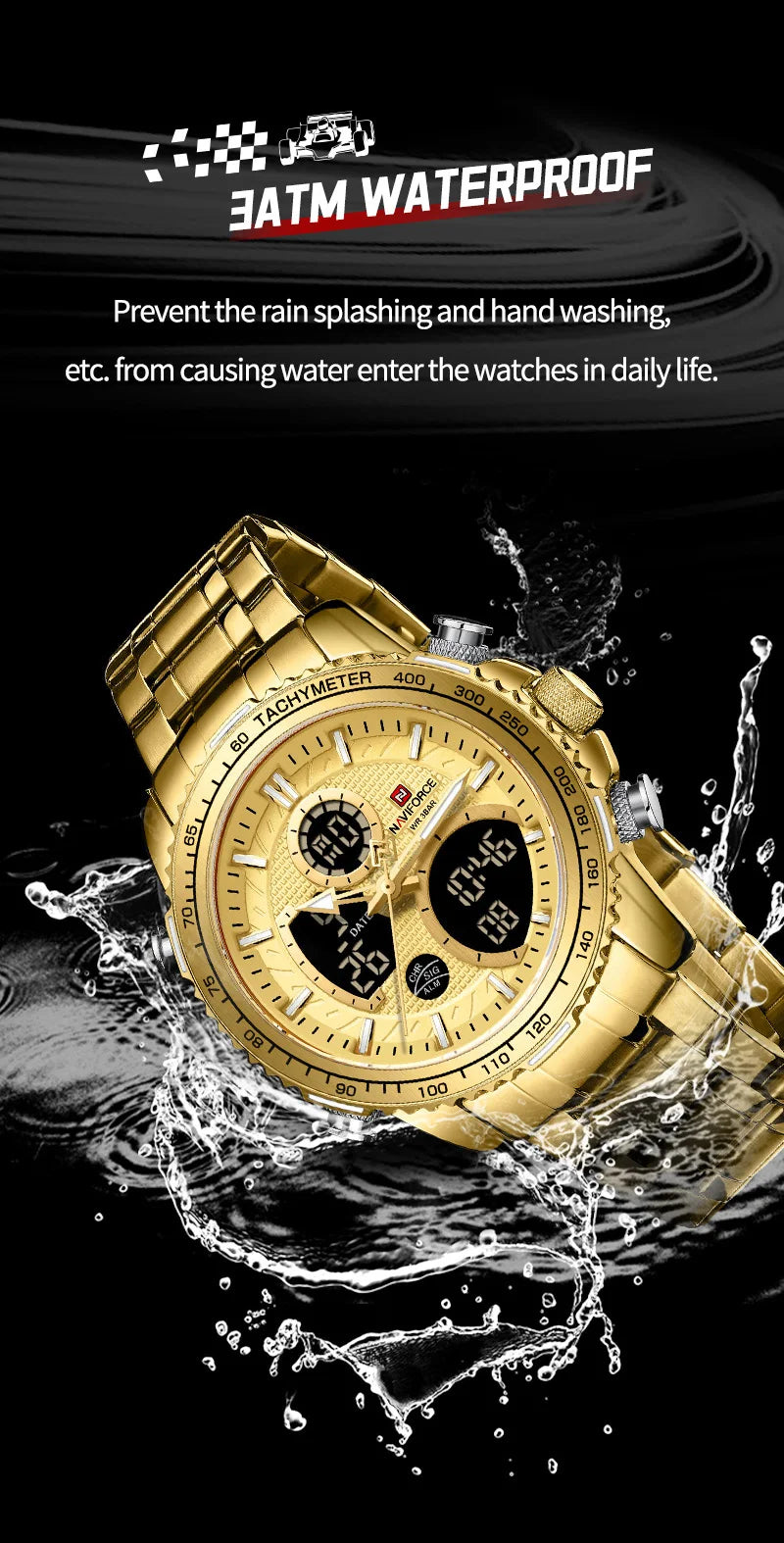 NAVIFORCE  Watch Men Stainless Steel Sport Male Clock Digital Quartz Army Waterproof Wristwatch
