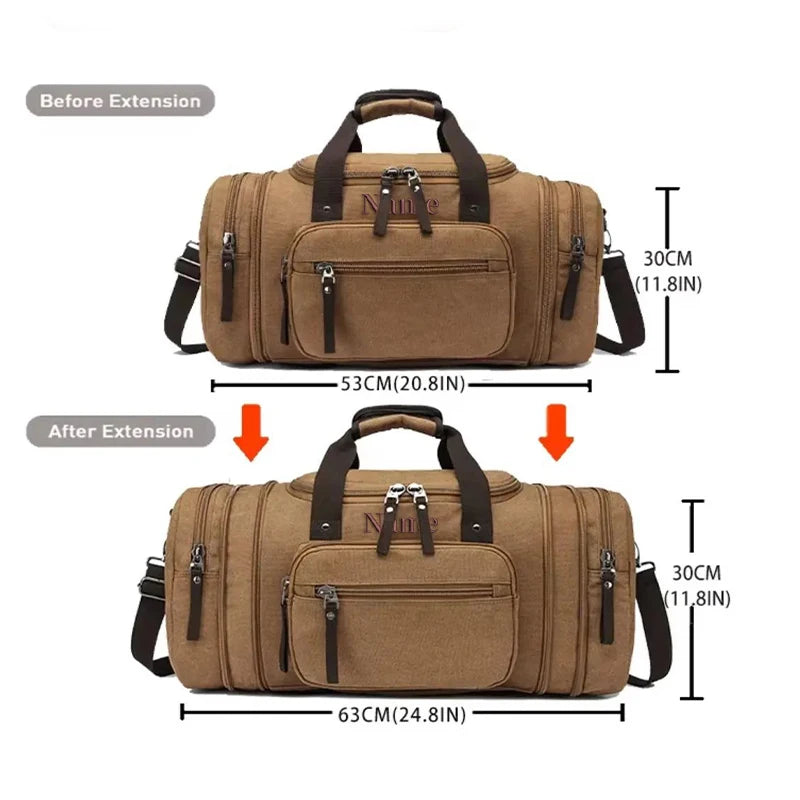Personalized Custom  Canvas Duffle Bag Men's Monogrammed Overnight Weekender Expandable Gym Bag