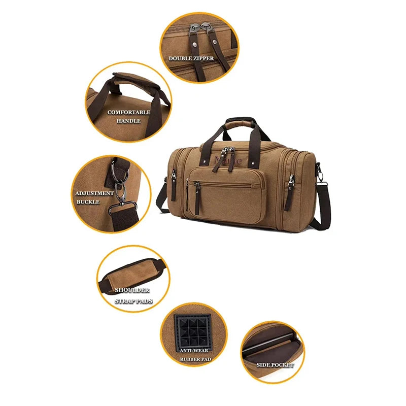 Personalized Custom  Canvas Duffle Bag Men's Monogrammed Overnight Weekender Expandable Gym Bag