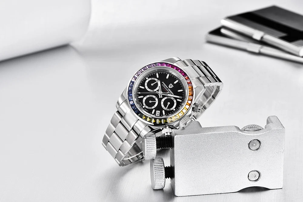 PAGANI DESIGN New 40MM Men Quartz Watch Rainbow Bezel VK63 Sapphire ChronographStainless Steel 100M Waterproof Men Watch