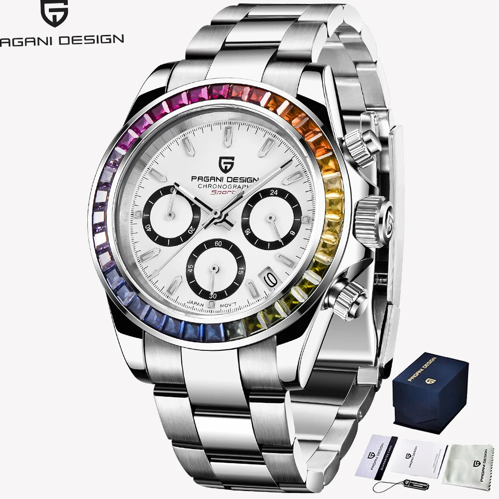 PAGANI DESIGN New 40MM Men Quartz Watch Rainbow Bezel VK63 Sapphire ChronographStainless Steel 100M Waterproof Men Watch