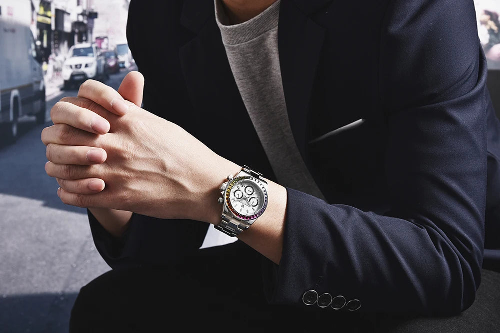 PAGANI DESIGN New 40MM Men Quartz Watch Rainbow Bezel VK63 Sapphire ChronographStainless Steel 100M Waterproof Men Watch