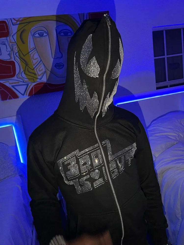 Y2K American Devil Graphic Zip Hooded Sweatshirt Retro Silver Text Print Black Loose Cardigan